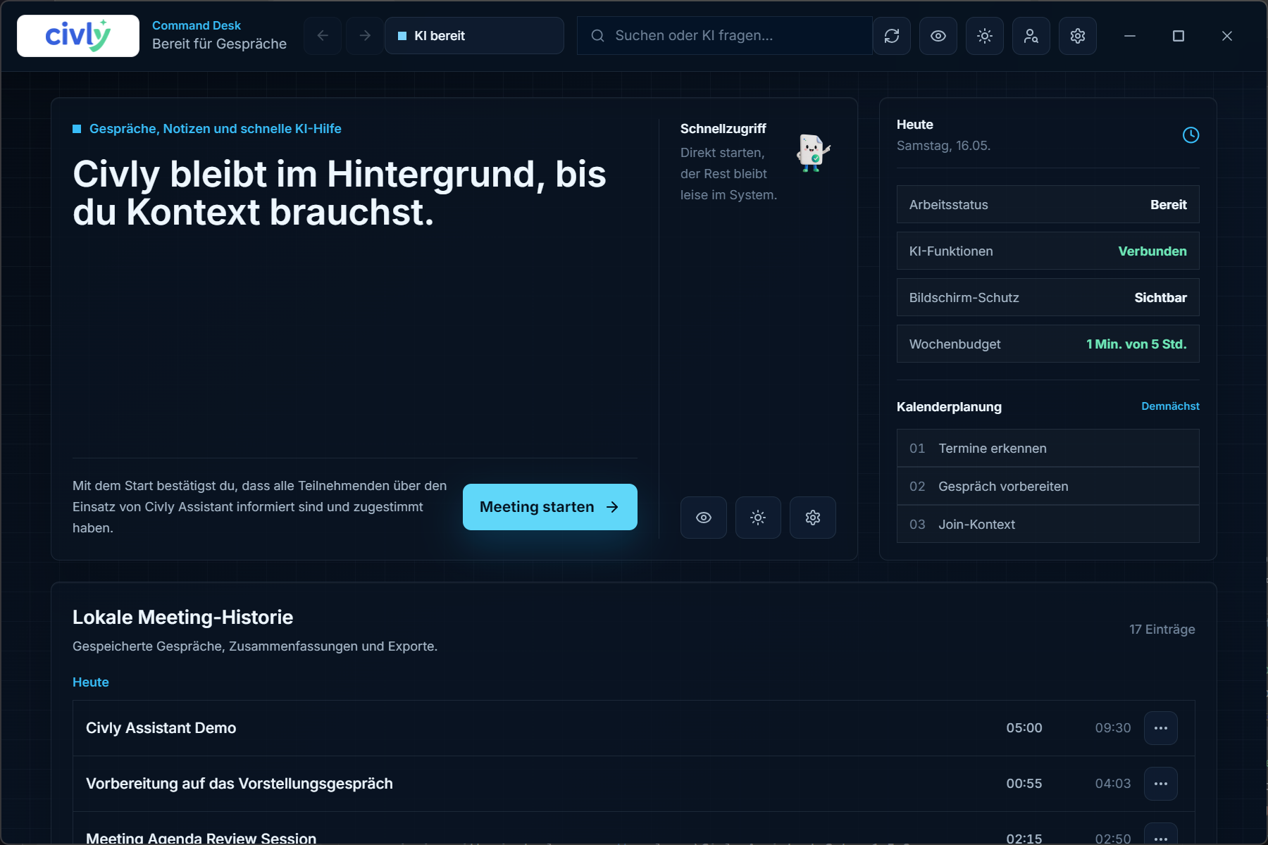 Civly Assistant Oberfläche mit Meeting-Kontext und Live-Unterstützung.